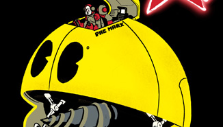 Un mecha pac-marx, jaune comme un citron. Un pilote sort de sa tête par le haut