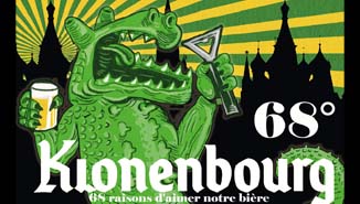 Un Klon, sorte d'homme-crocodile, tient une bière et un décapsuleur. Dans le fond, la silhouette de Moscou se découpe en ombre chinoise sur un soleil rayonnant jaune et vert. Un titre annonce Klonenbourg, 68°.