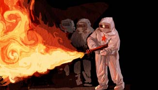 Des hommes en combinaison de protection passent le lance-flammes.